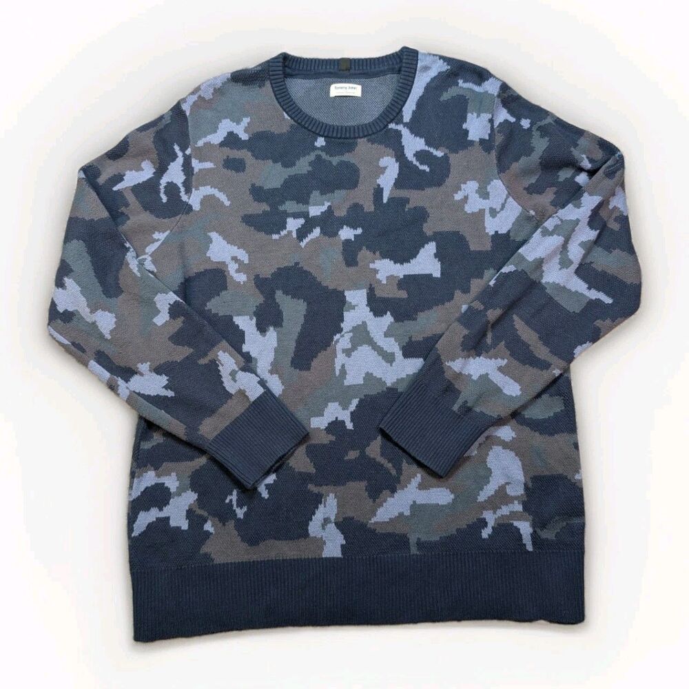 Tommy John Camo Sweater Mens Large Blue Cotton Modal Knit Crewneck Pullover